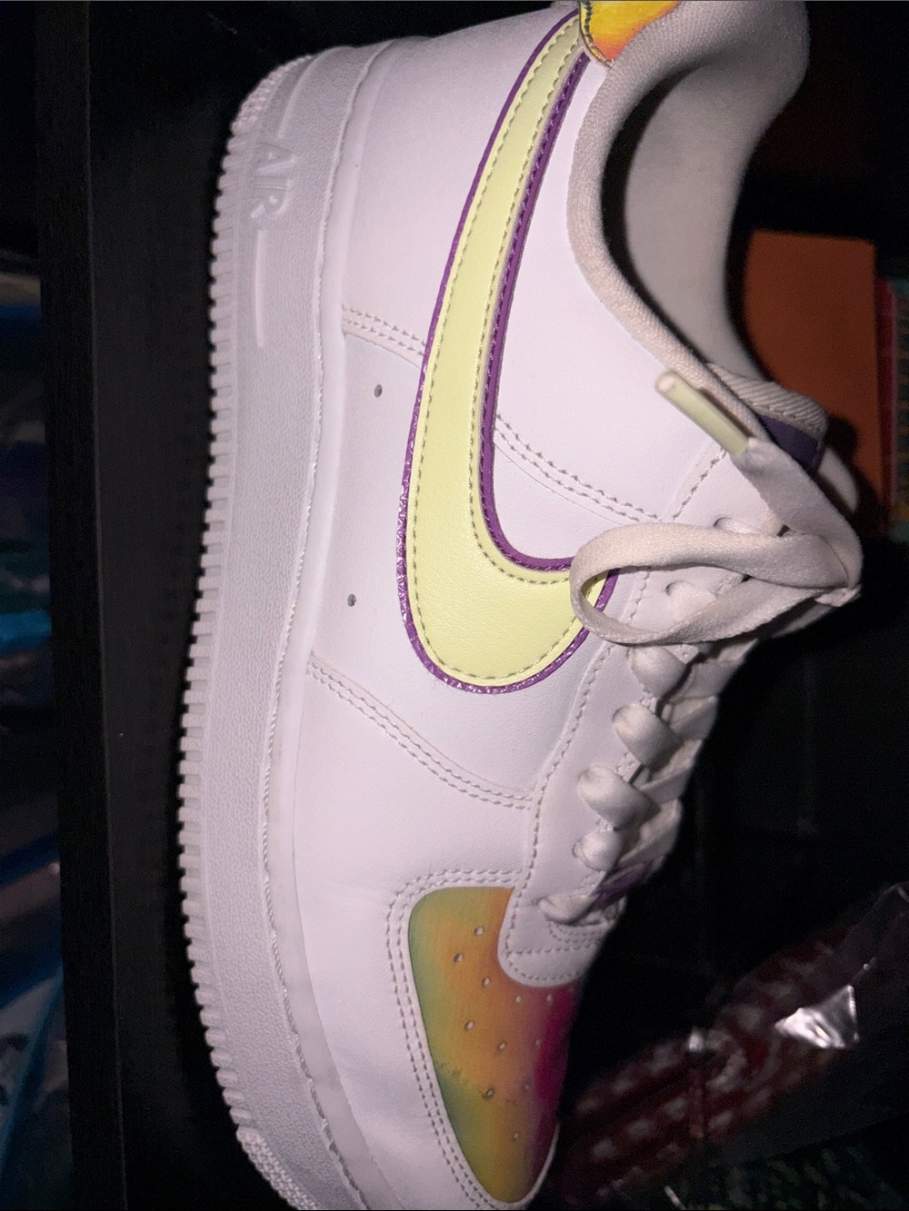 Nike White Sneaker with Yellow Swoosh and Purple Trim